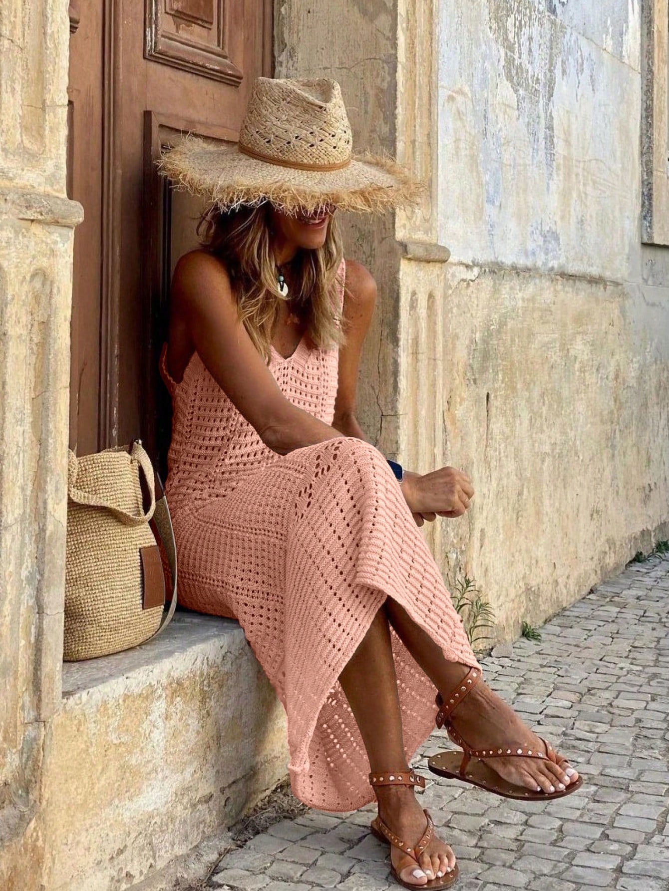 SHEIN Holidaya Casual Women Summer Beach V-Neck Long Sleeveless Sweater Dress Pink