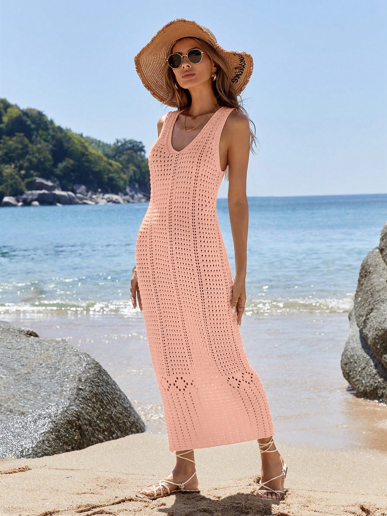 SHEIN Holidaya Casual Women Summer Beach V-Neck Long Sleeveless Sweater Dress Pink