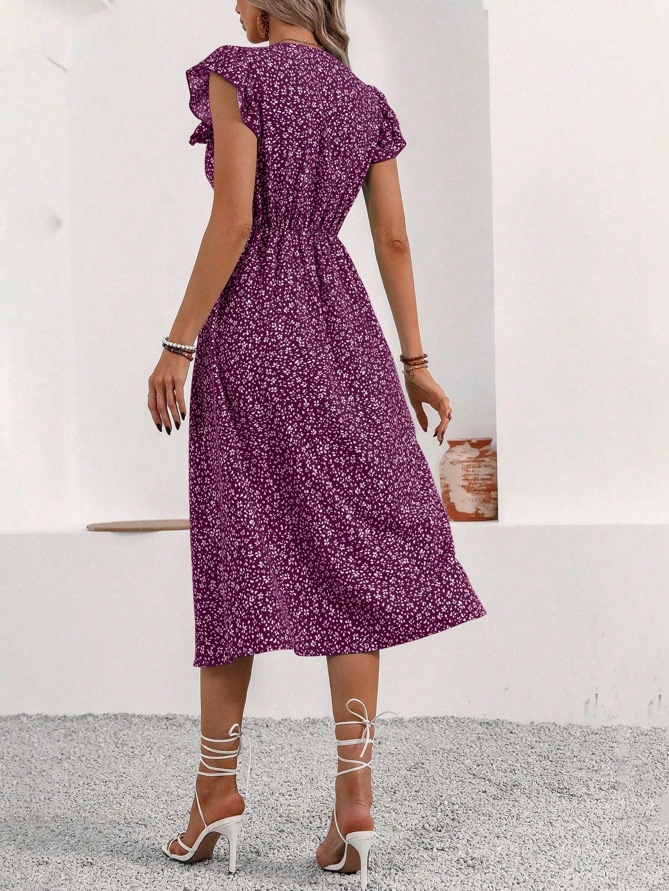 SHEIN LUNE Women's Random Floral Print Casual Short Sleeve Dress Maxi Women Outfit Purple