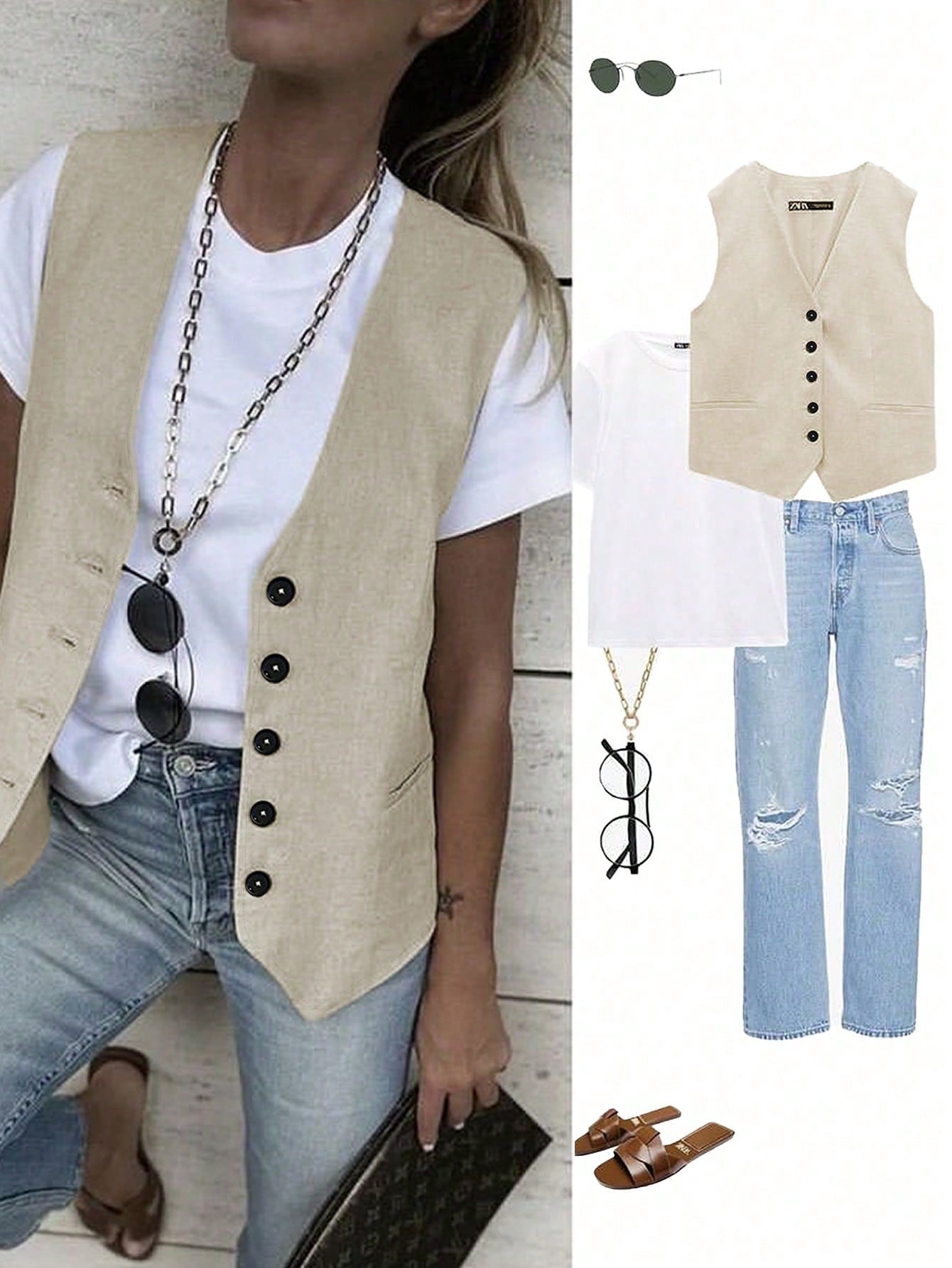 SHEIN LUNE Button Front Vest Jacket Without Tee Apricot