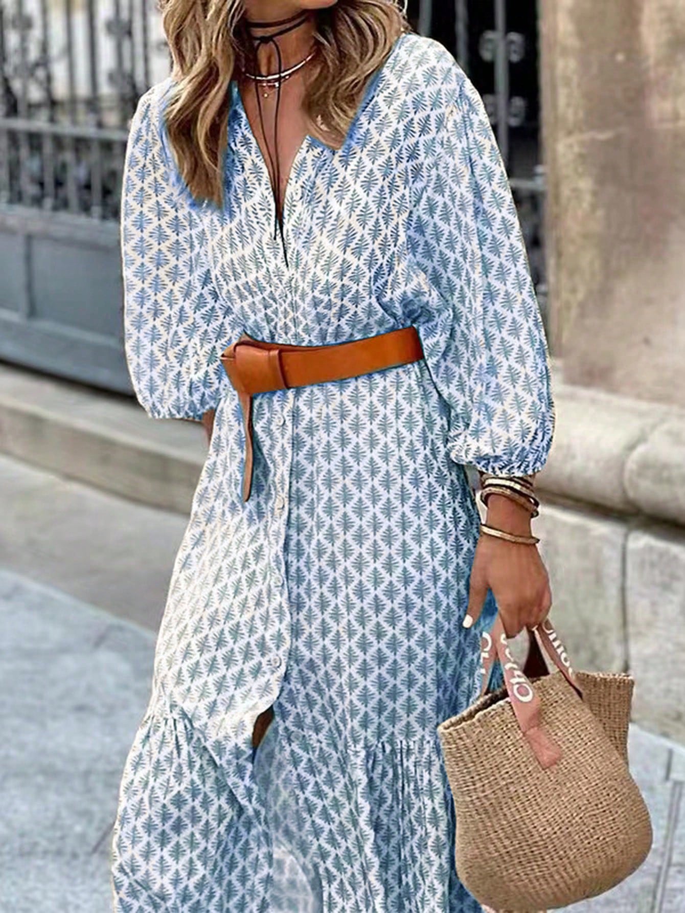 SHEIN LUNE Women Fashionable Long Sleeve Printed Dress Baby Blue