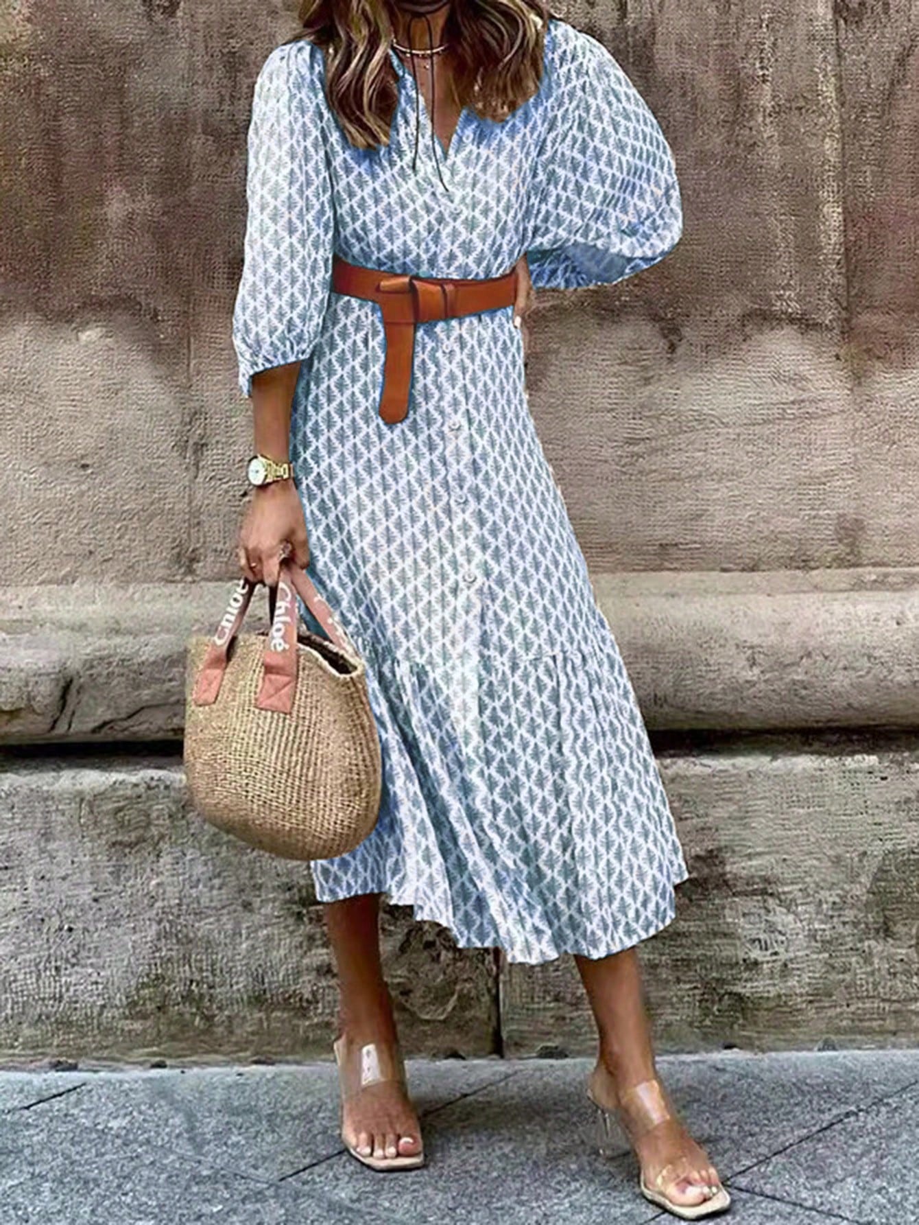 SHEIN LUNE Women Fashionable Long Sleeve Printed Dress Baby Blue