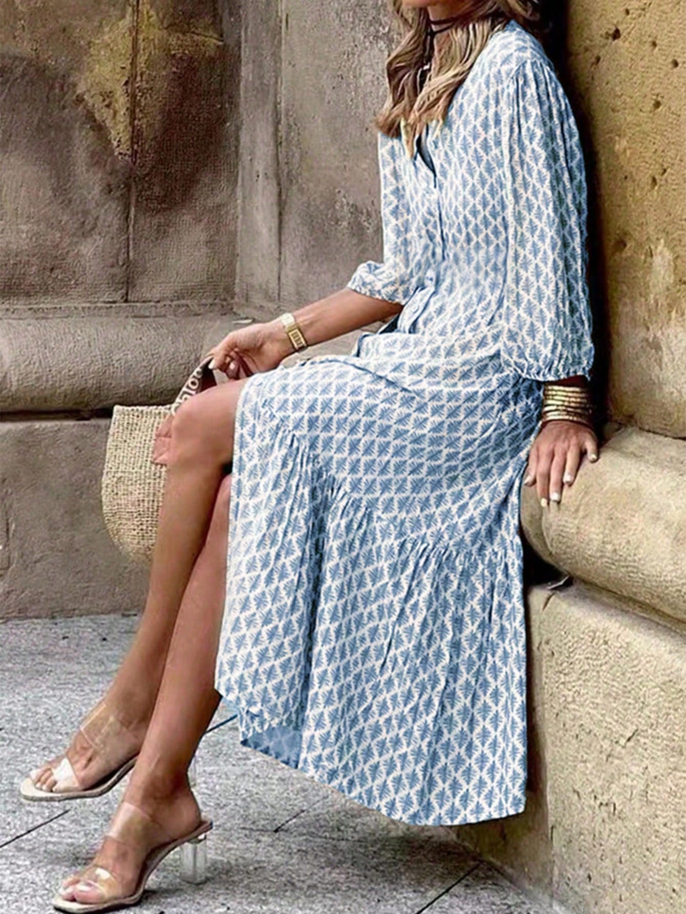 SHEIN LUNE Women Fashionable Long Sleeve Printed Dress Baby Blue