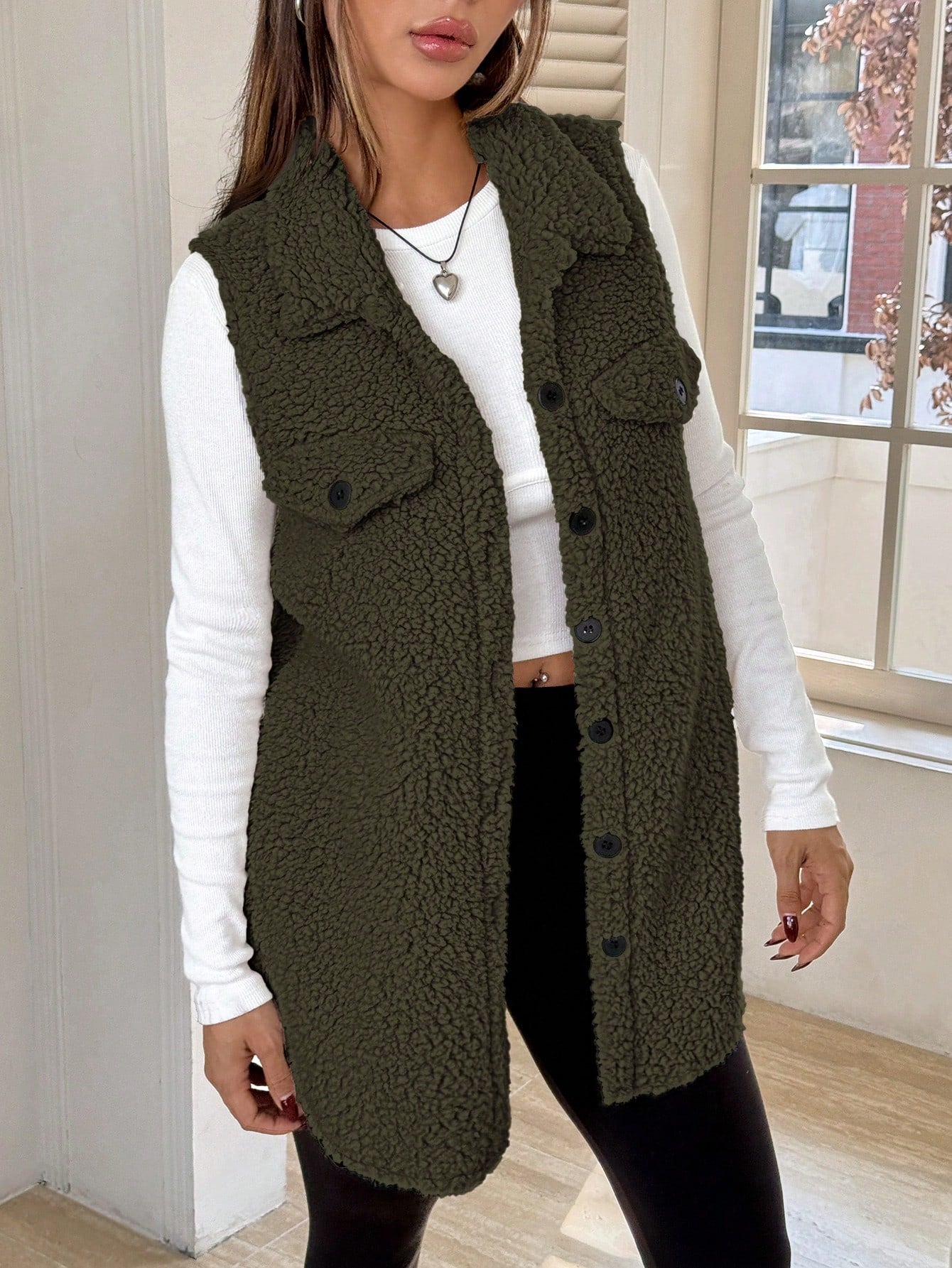 SHEIN EZwear Flap Detail Teddy Vest Coat Simple Fashion Daily Casual Army Green