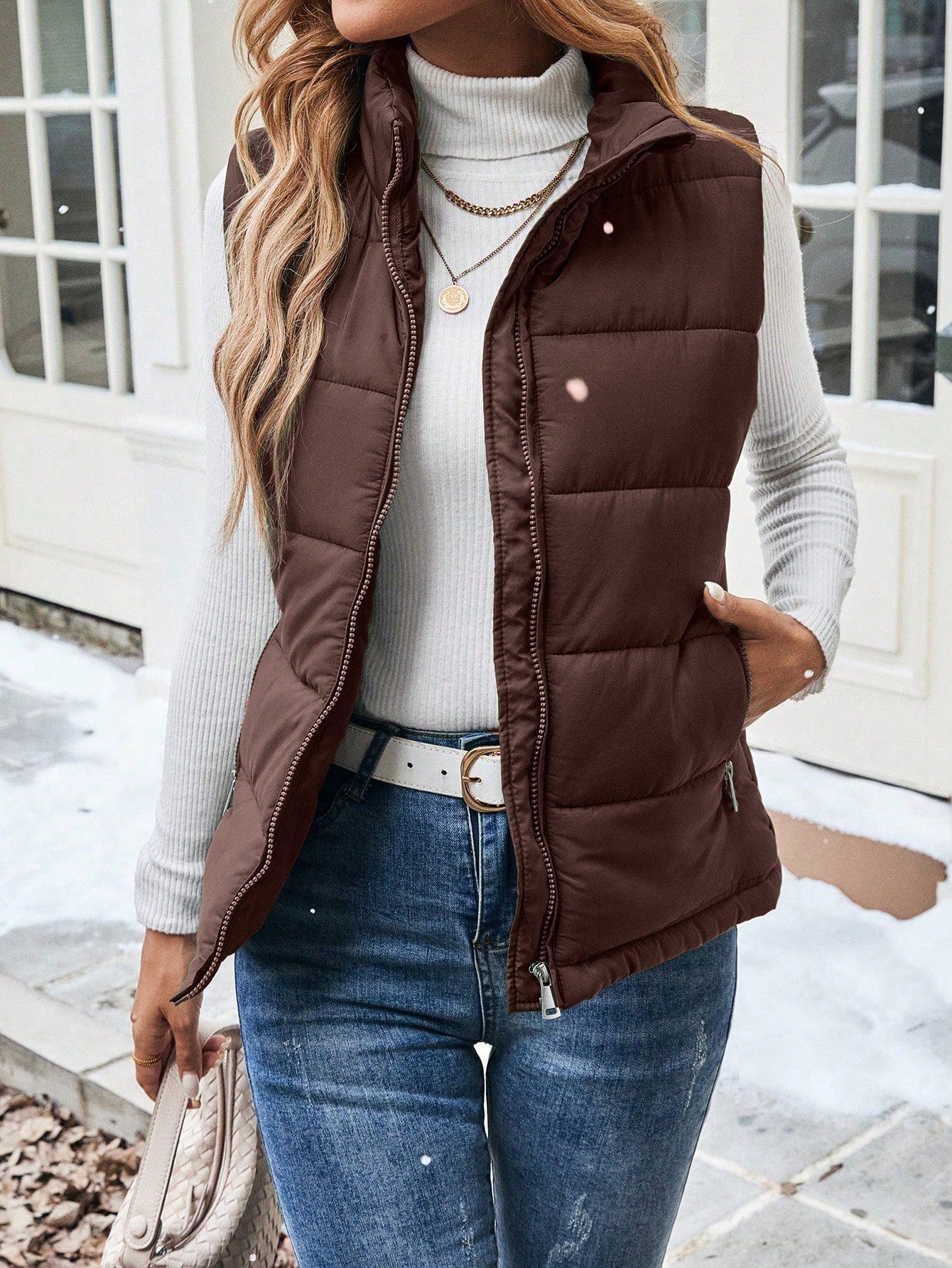 SHEIN LUNE Women's Casual Solid Color Zipper Front Sleeveless Padded Puffer Vest, Versatile Everyday Wear, Autumn/Winter Clothes Mocha Brown