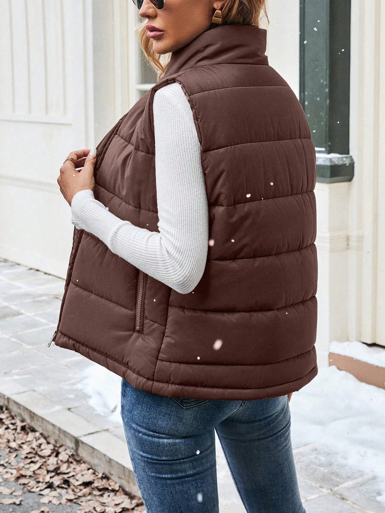 SHEIN LUNE Women's Casual Solid Color Zipper Front Sleeveless Padded Puffer Vest, Versatile Everyday Wear, Autumn/Winter Clothes Mocha Brown