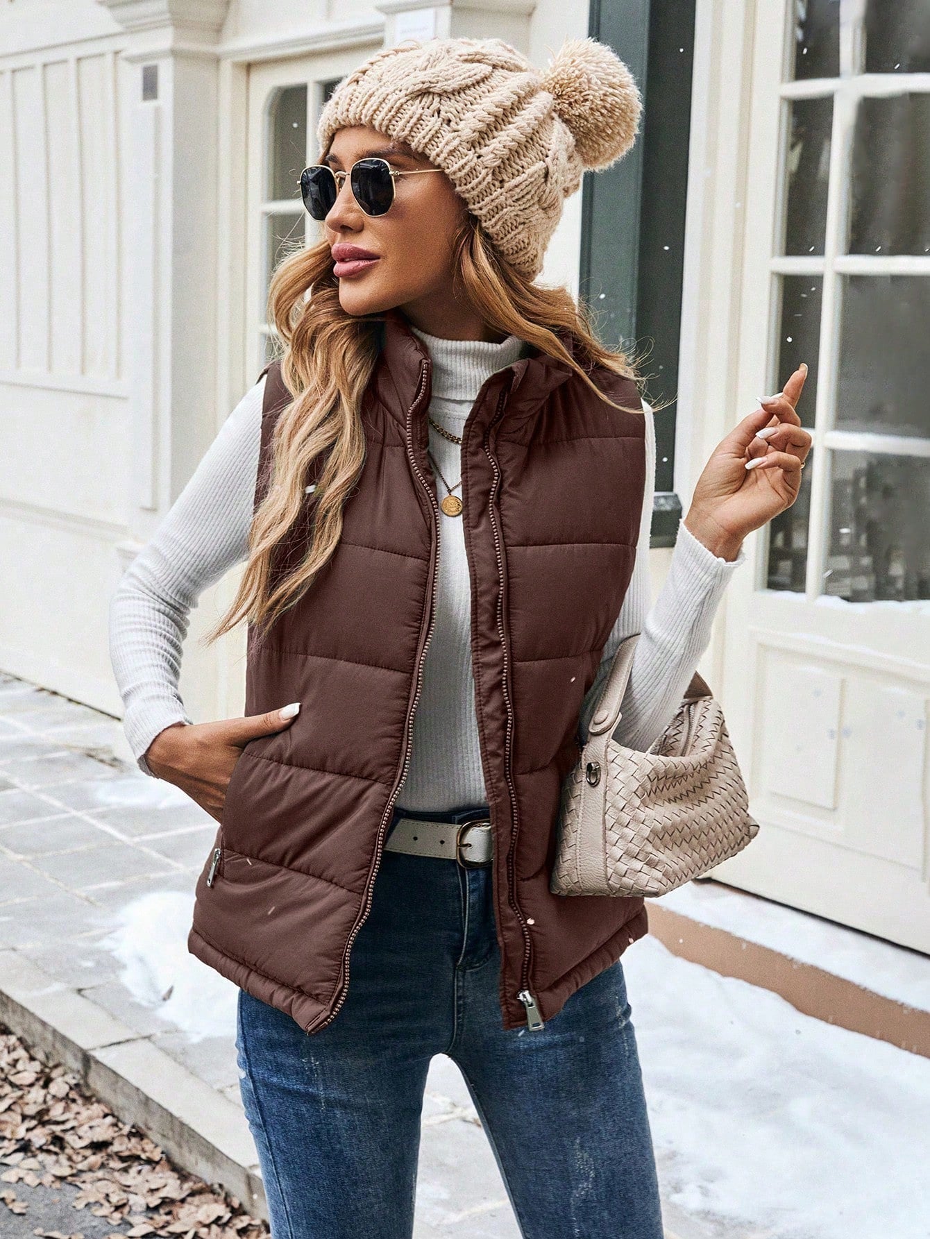 SHEIN LUNE Women's Casual Solid Color Zipper Front Sleeveless Padded Puffer Vest, Versatile Everyday Wear, Autumn/Winter Clothes Mocha Brown