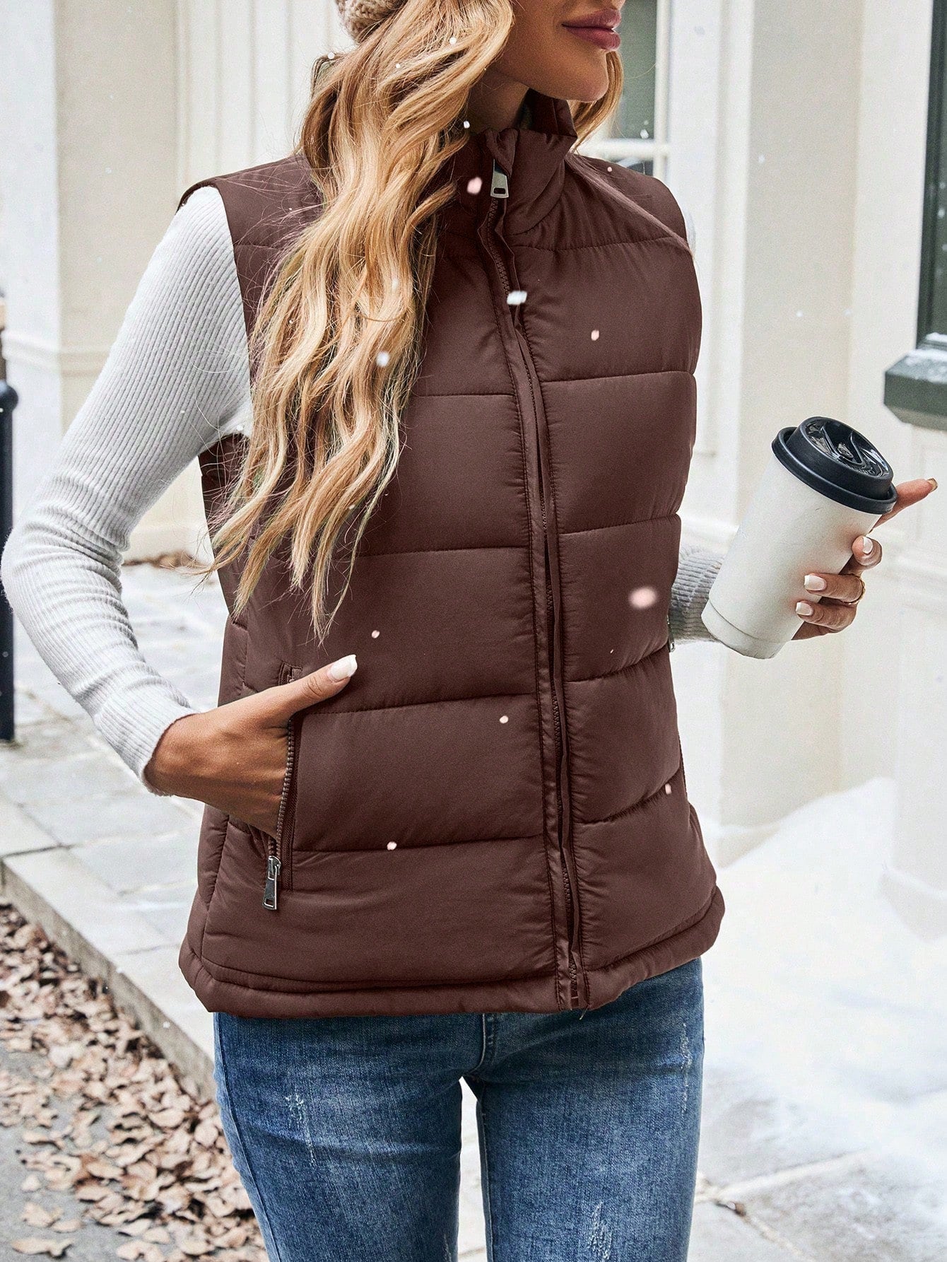 SHEIN LUNE Women's Casual Solid Color Zipper Front Sleeveless Padded Puffer Vest, Versatile Everyday Wear, Autumn/Winter Clothes Mocha Brown