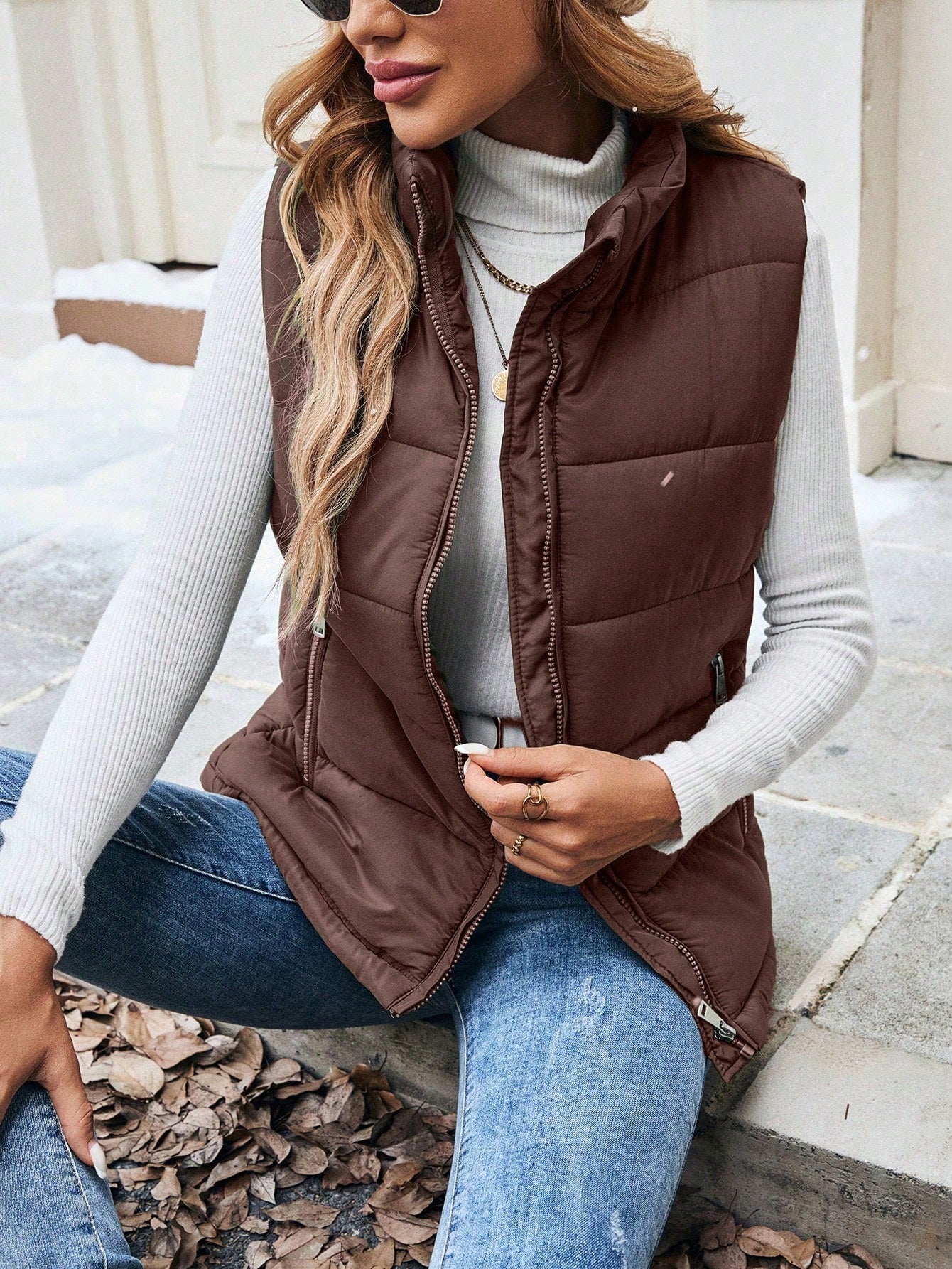 SHEIN LUNE Women's Casual Solid Color Zipper Front Sleeveless Padded Puffer Vest, Versatile Everyday Wear, Autumn/Winter Clothes Mocha Brown