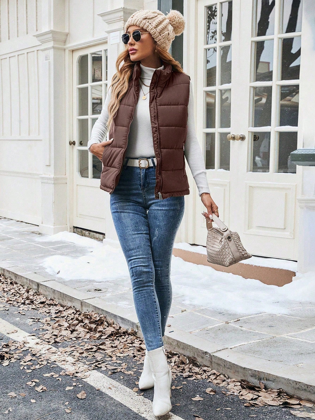 SHEIN LUNE Women's Casual Solid Color Zipper Front Sleeveless Padded Puffer Vest, Versatile Everyday Wear, Autumn/Winter Clothes Mocha Brown
