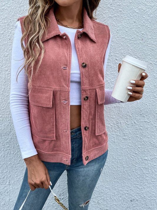 SHEIN LUNE Flap Pocket Corduroy Vest Jacket Dusty Pink