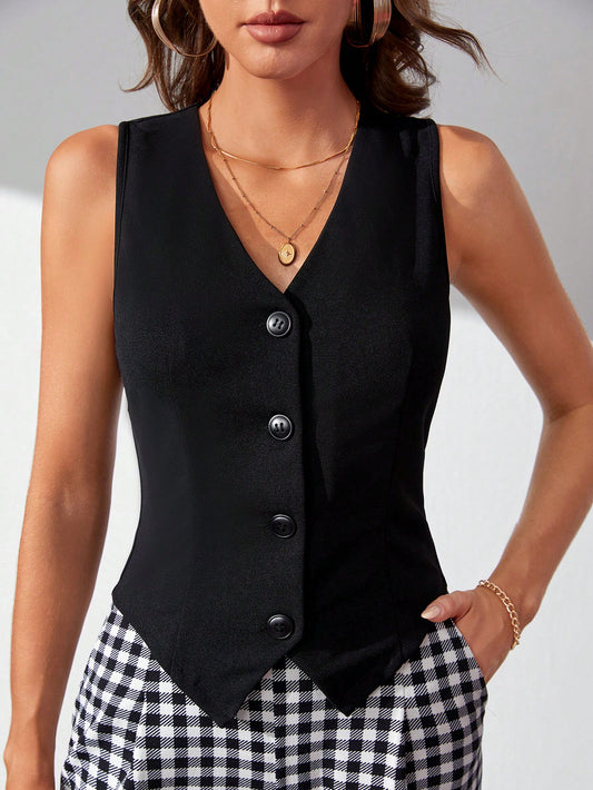 SHEIN Tall Solid Button Front Vest Blazer Black