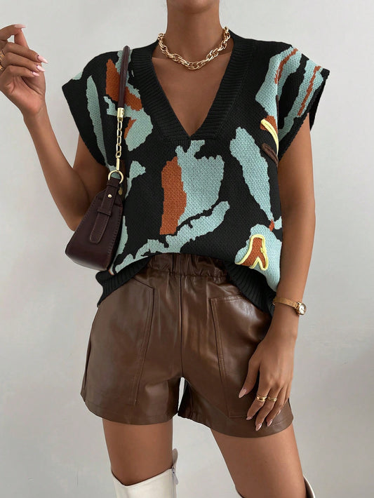 SHEIN LUNE Colorblock V-neck Sleeveless Knitted Vest Multicolor
