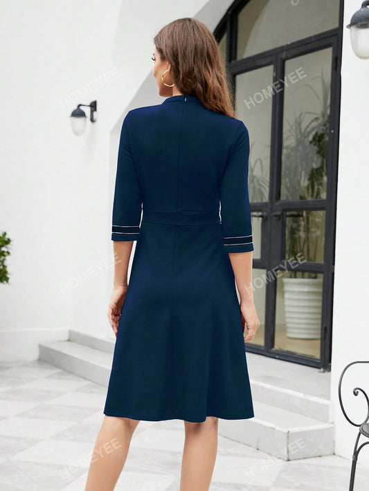 HOMEYEE Women's Vintage Retro & Casual & Business & Vacation & A-Line Dress With Round Neck & 3/4 Sleeve & Flare Hem Navy Blue