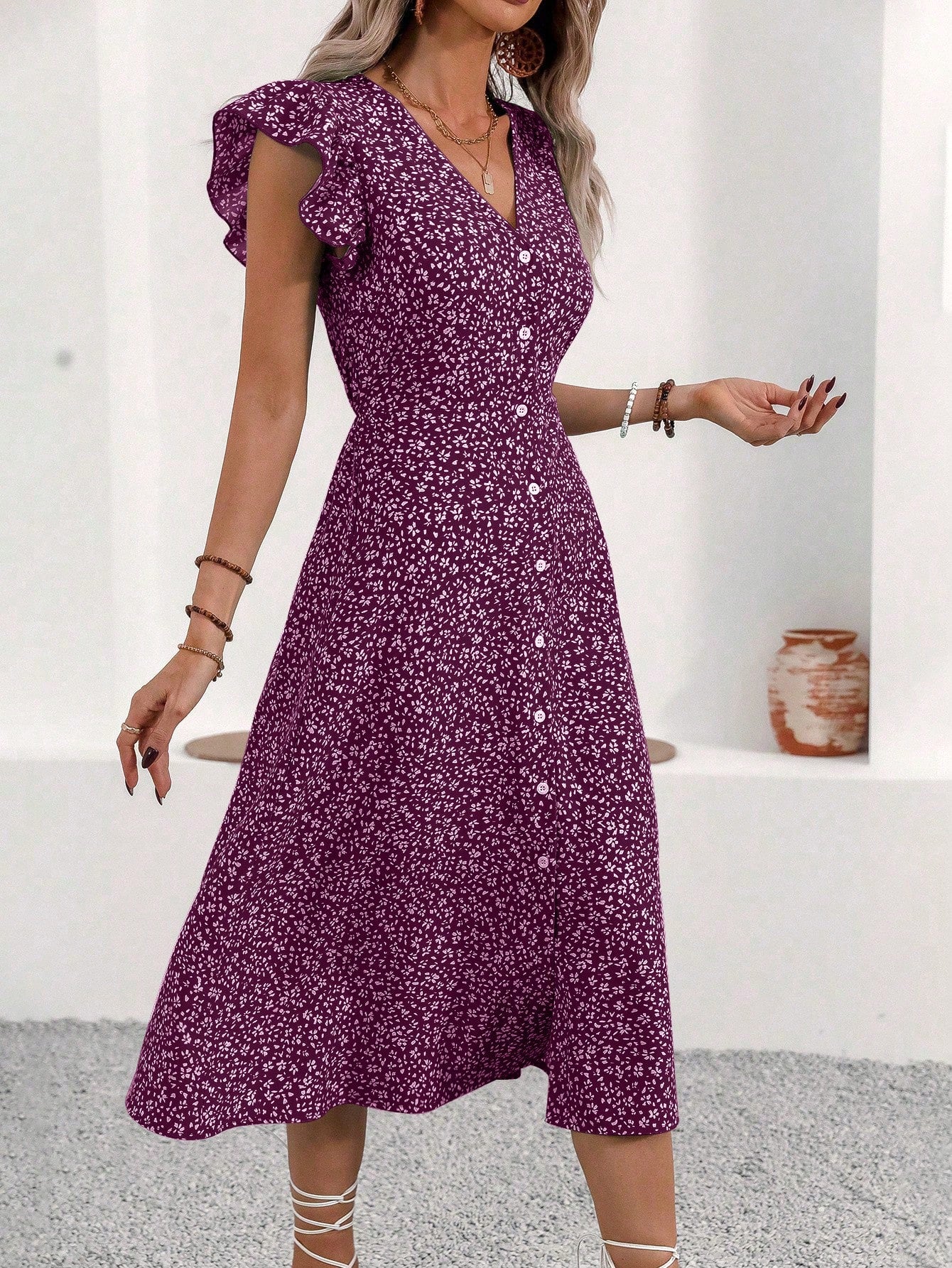 SHEIN LUNE Women's Random Floral Print Casual Short Sleeve Dress Maxi Women Outfit Purple