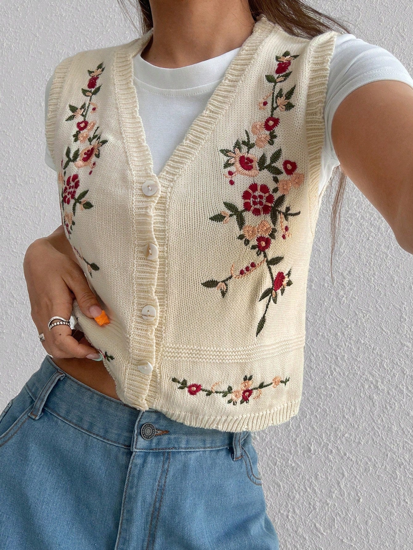 SHEIN MOOSTA Sweet Casual Embroidered Vest, Versatile Style Multicolor