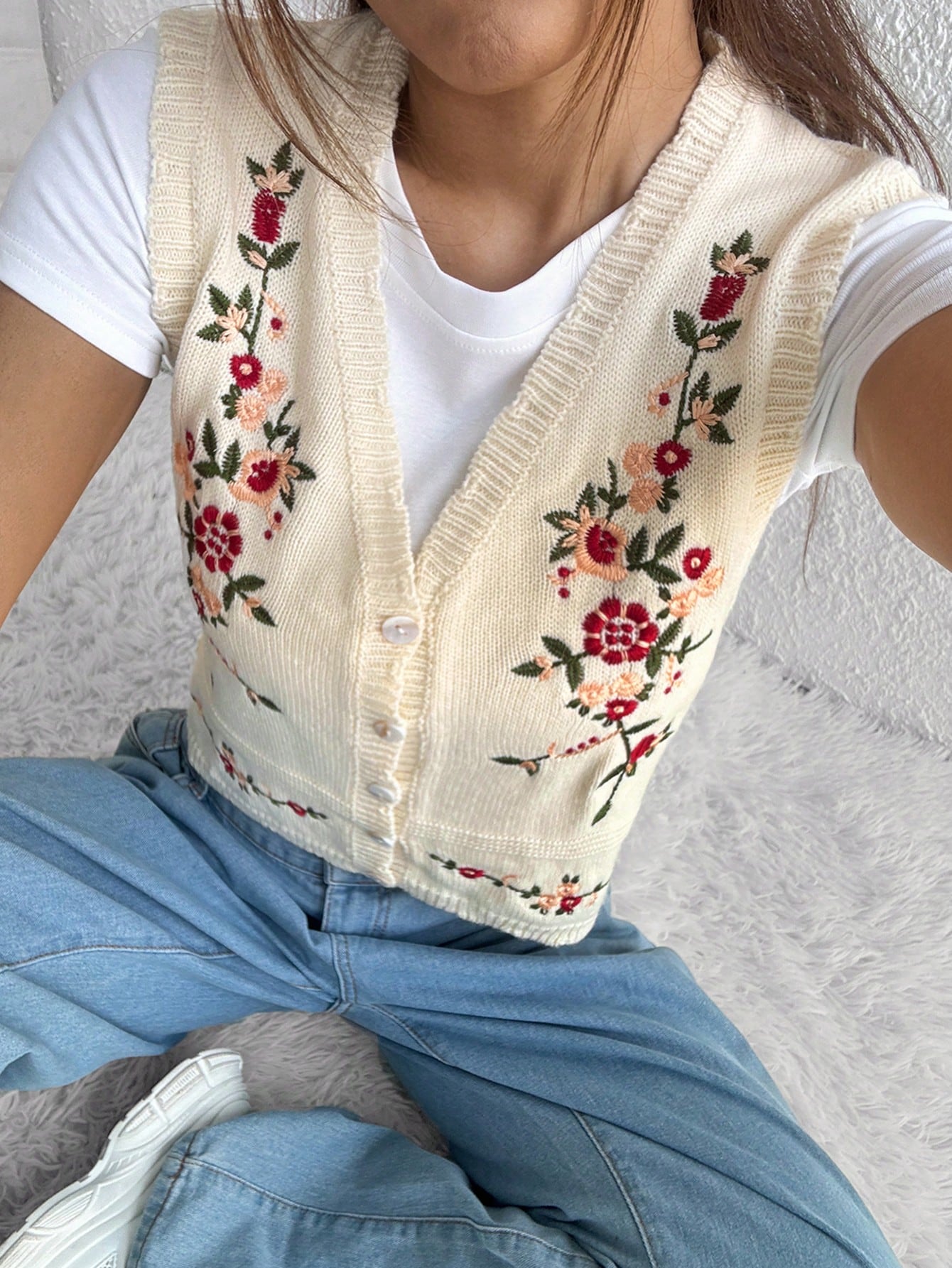SHEIN MOOSTA Sweet Casual Embroidered Vest, Versatile Style Multicolor