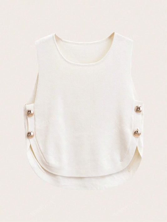Women's Solid Color Button Crew Neck Sleeveless Simple Vest, Casual Daily Wear Beige