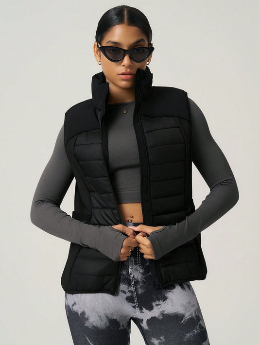 SHEIN Women Solid Color Zipper Collar Casual Padded Vest Jacket, Winter Black