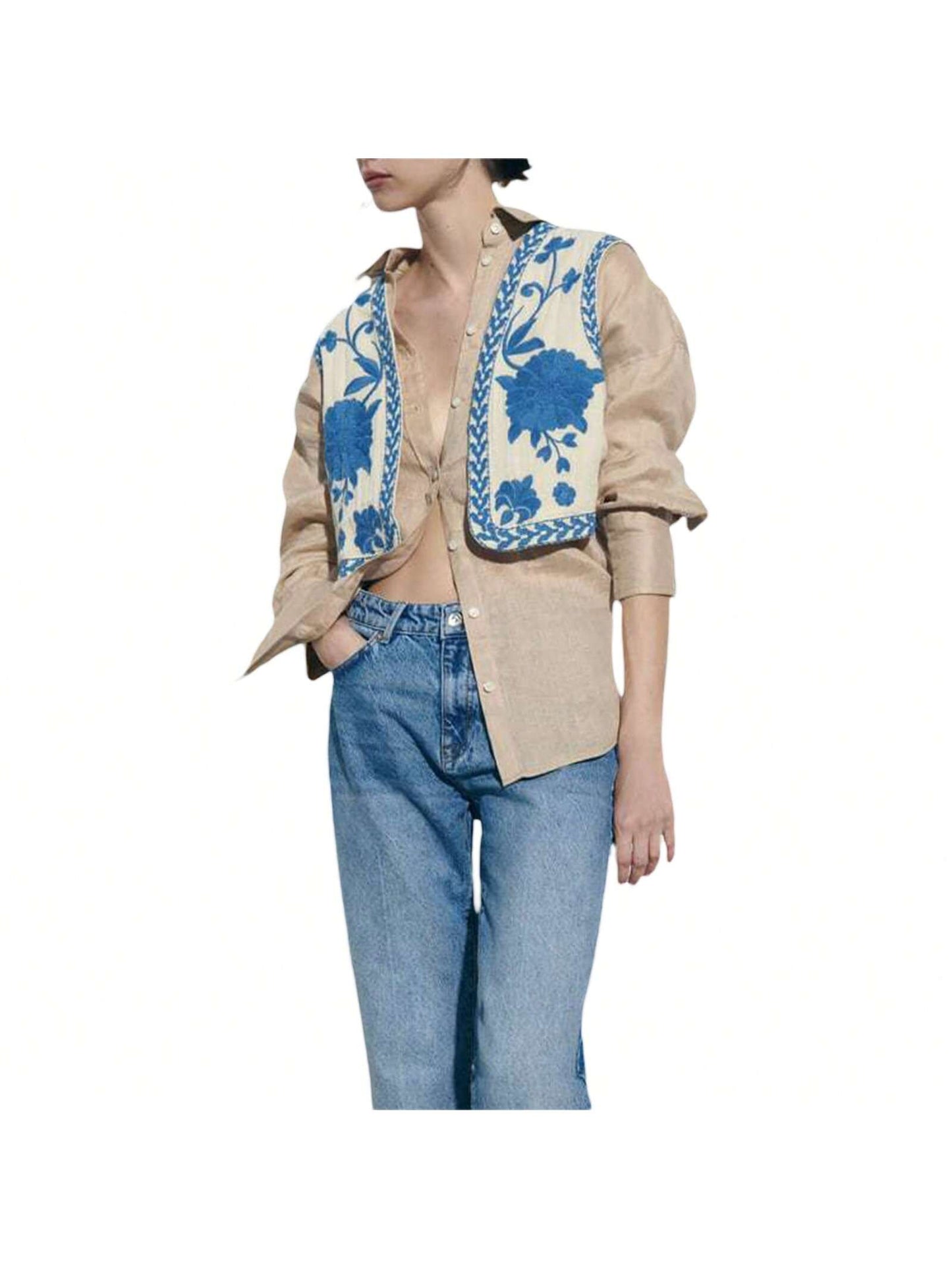 Women Vintage Embroidered Floral Vest Top Y2k Sleeveless Open Front Crop Vest Boho Floral Waistcoat Jacket Blue