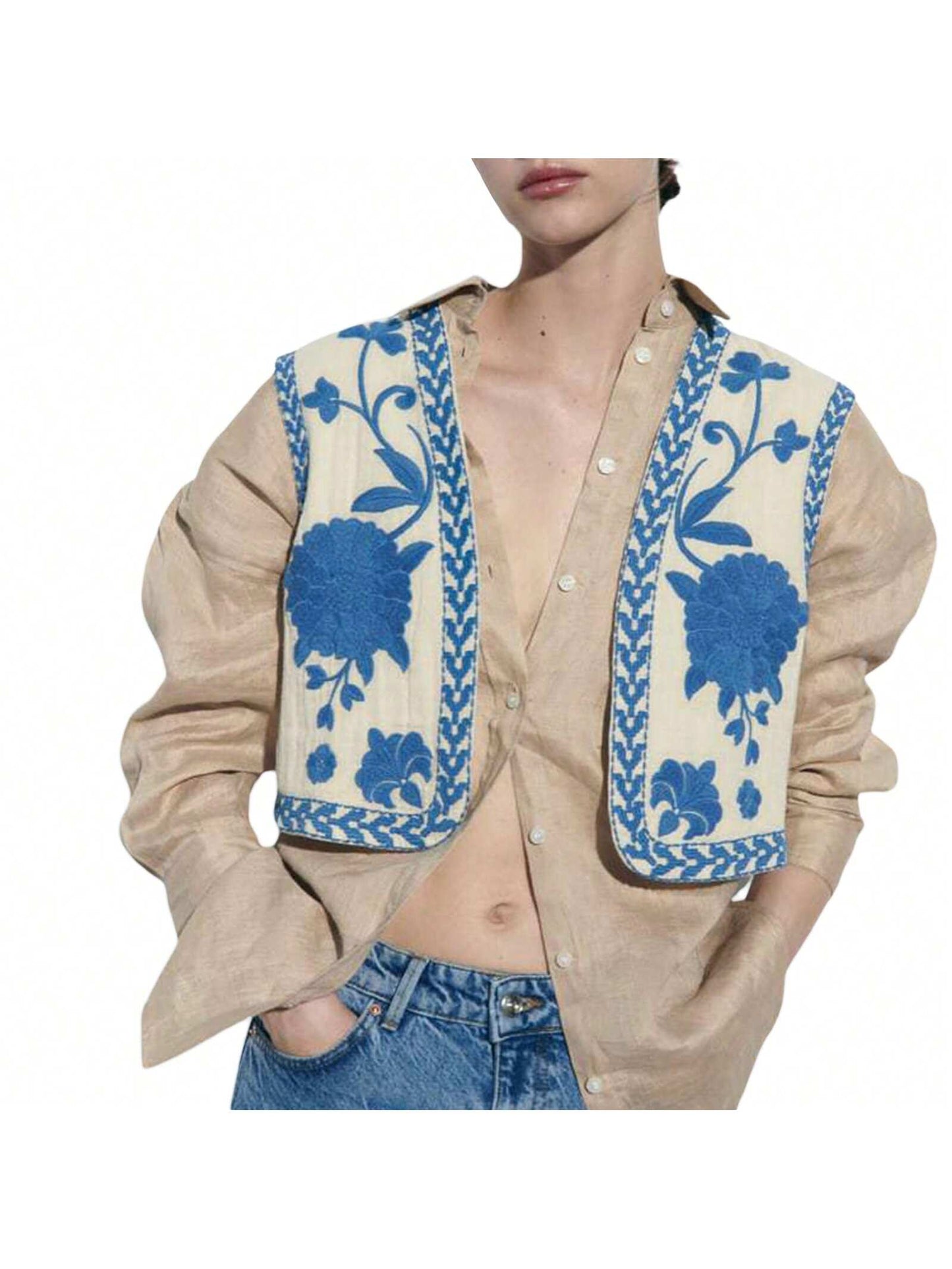 Women Vintage Embroidered Floral Vest Top Y2k Sleeveless Open Front Crop Vest Boho Floral Waistcoat Jacket Blue