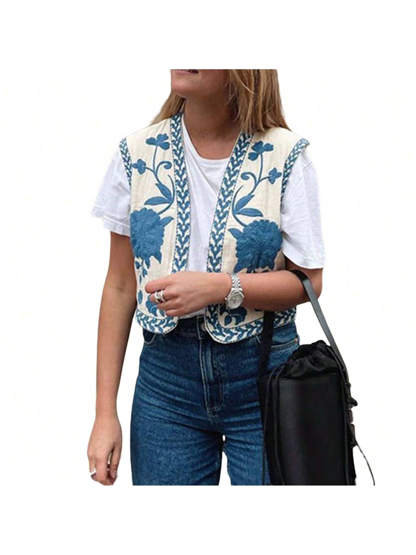 Women Vintage Embroidered Floral Vest Top Y2k Sleeveless Open Front Crop Vest Boho Floral Waistcoat Jacket Blue