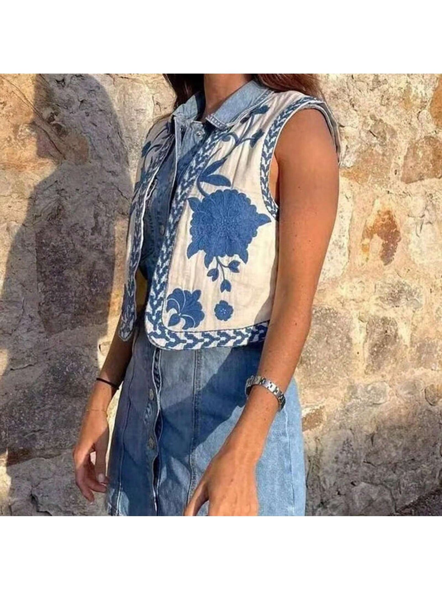Women Vintage Embroidered Floral Vest Top Y2k Sleeveless Open Front Crop Vest Boho Floral Waistcoat Jacket Blue