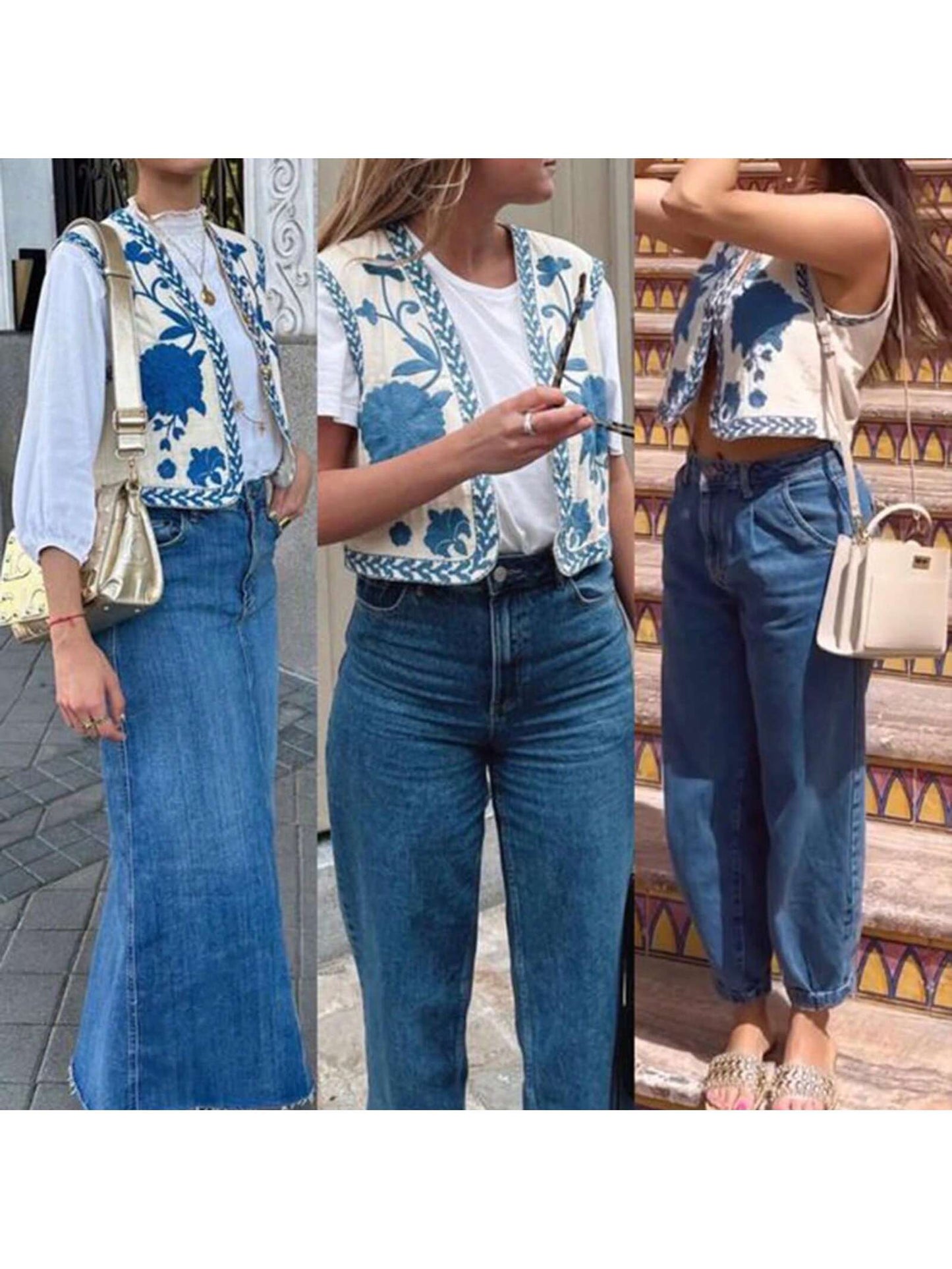 Women Vintage Embroidered Floral Vest Top Y2k Sleeveless Open Front Crop Vest Boho Floral Waistcoat Jacket Blue