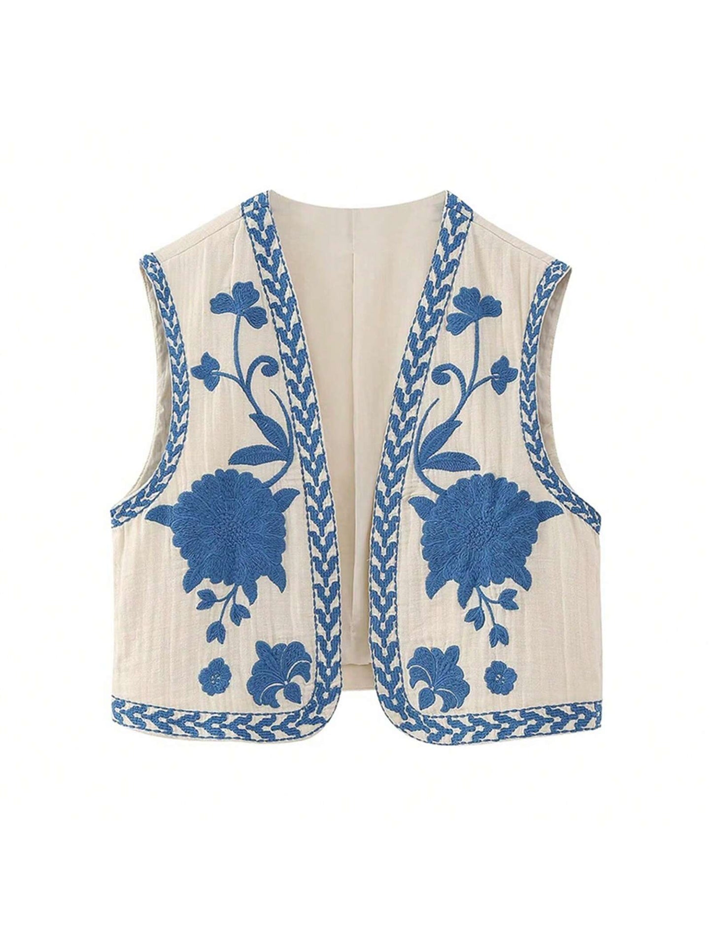 Women Vintage Embroidered Floral Vest Top Y2k Sleeveless Open Front Crop Vest Boho Floral Waistcoat Jacket Blue