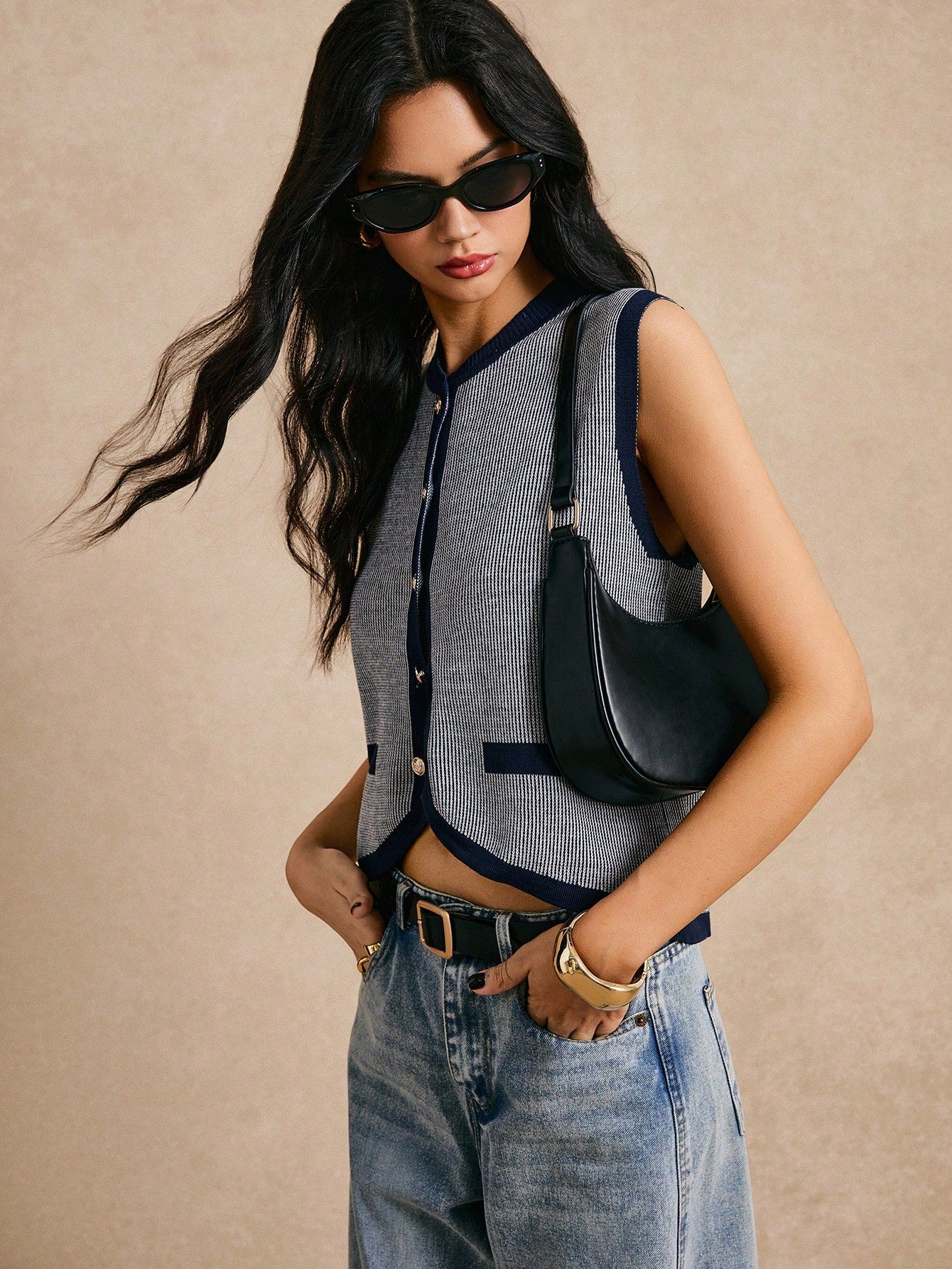 Poéselle New Arrival Color Block Striped Knit Camisole Vest, Fashionable Ladies Sleeveless Waistcoat,Women Tops,Going Out Tops Blue