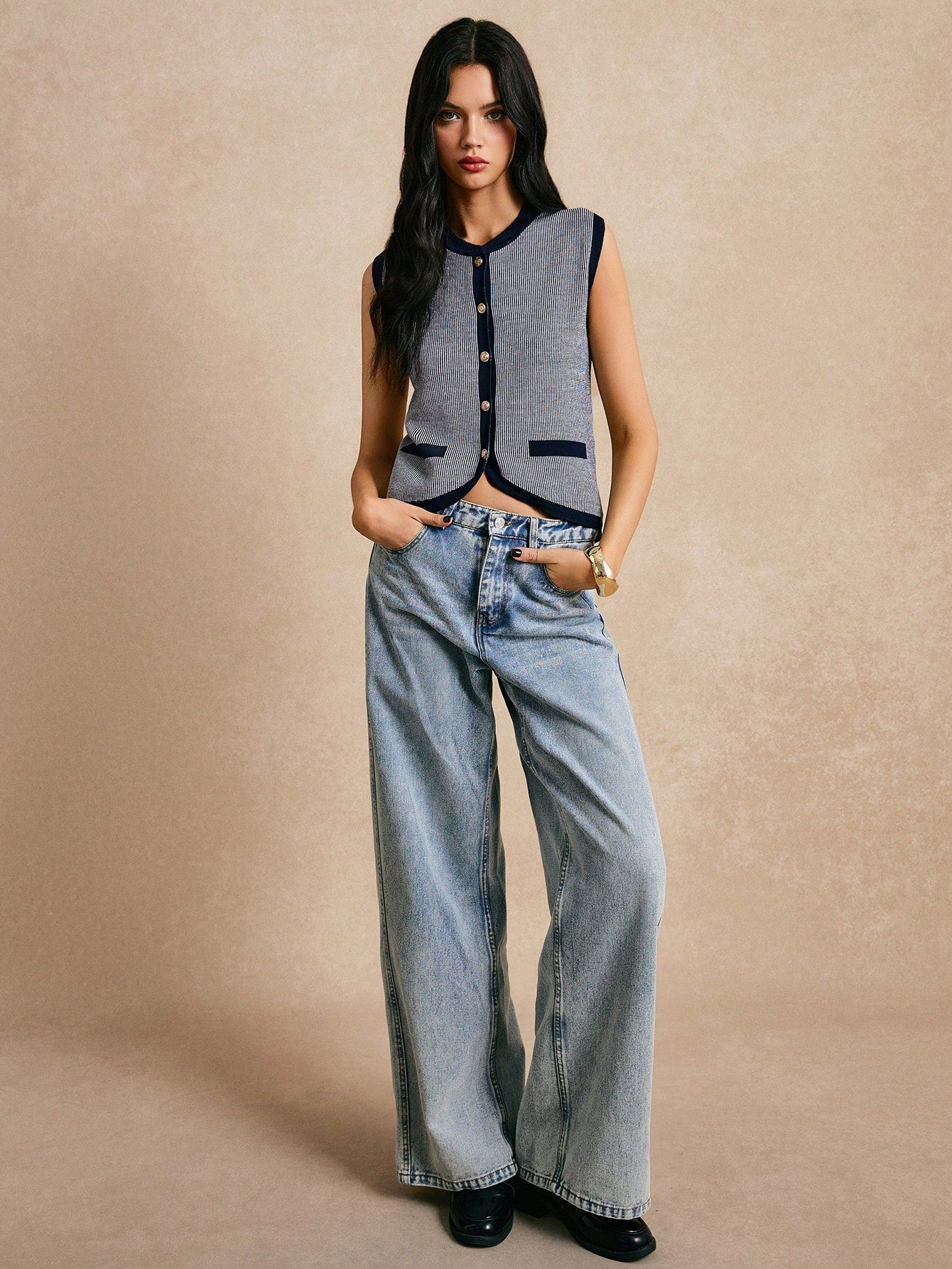 Poéselle New Arrival Color Block Striped Knit Camisole Vest, Fashionable Ladies Sleeveless Waistcoat,Women Tops,Going Out Tops Blue