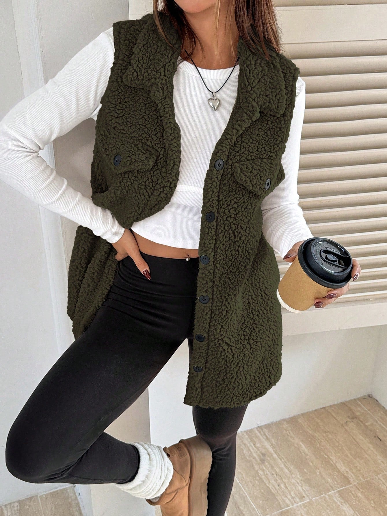 SHEIN EZwear Flap Detail Teddy Vest Coat Simple Fashion Daily Casual Army Green