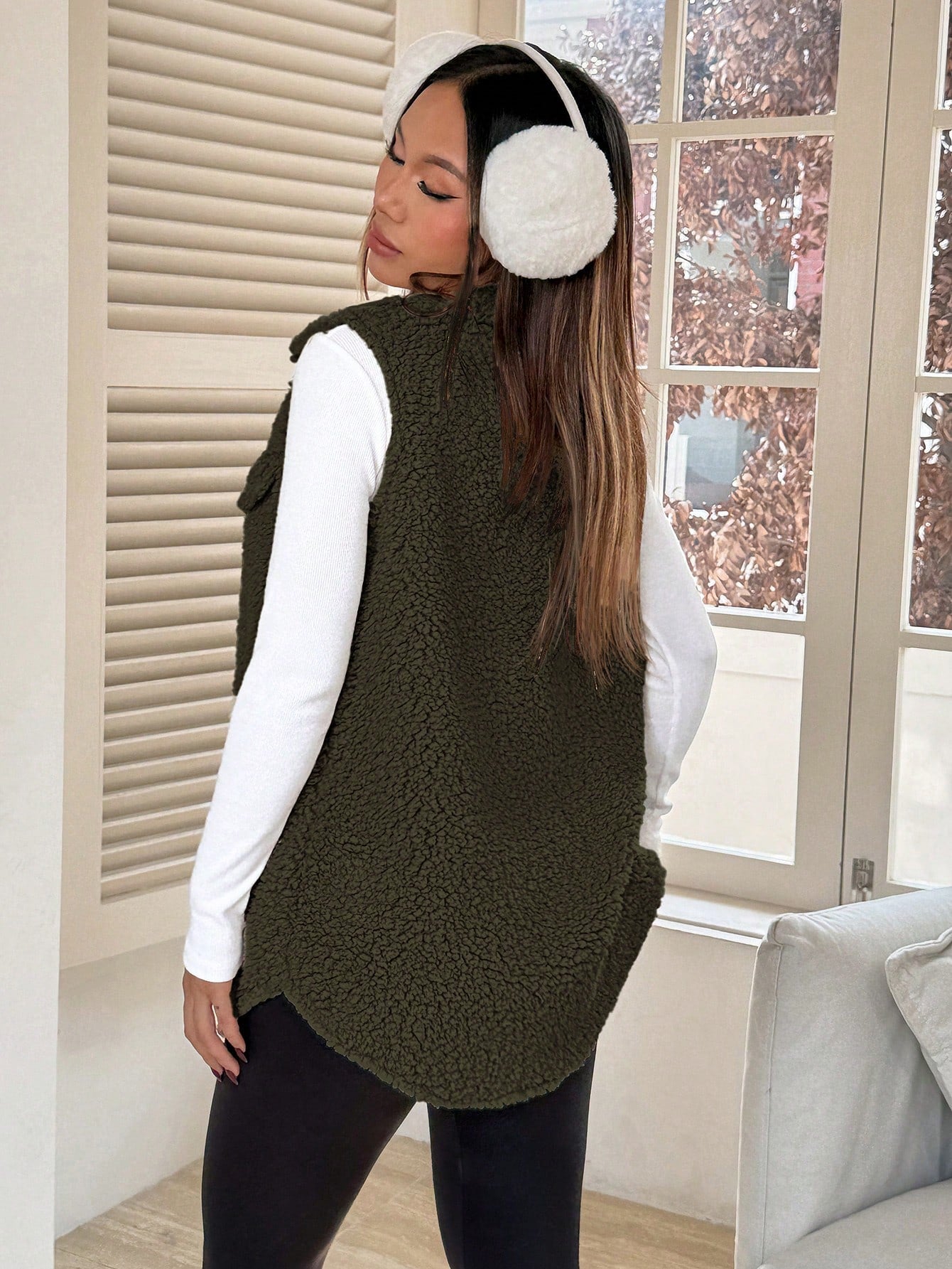 SHEIN EZwear Flap Detail Teddy Vest Coat Simple Fashion Daily Casual Army Green
