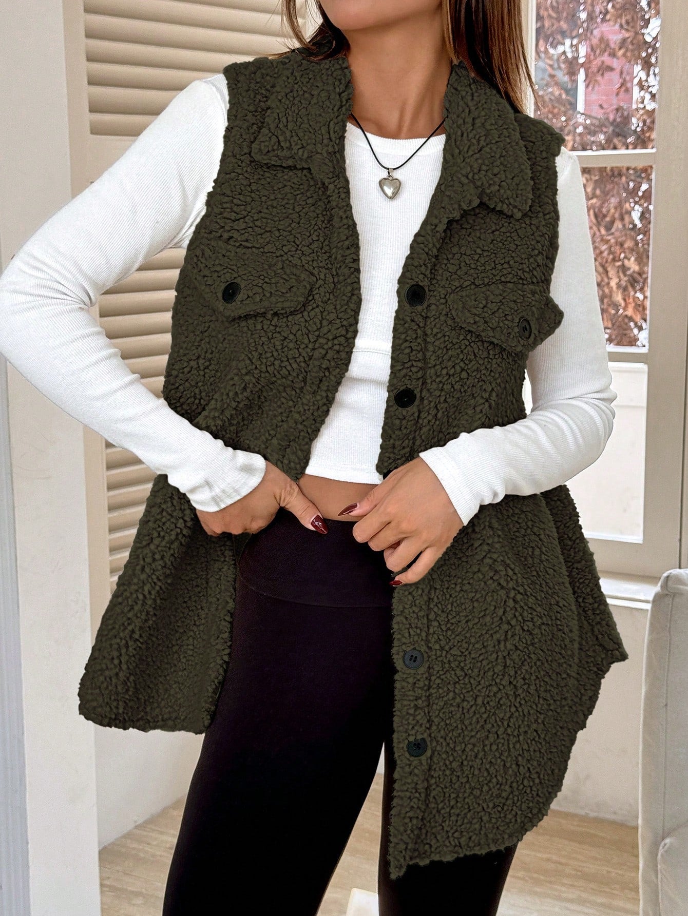 SHEIN EZwear Flap Detail Teddy Vest Coat Simple Fashion Daily Casual Army Green