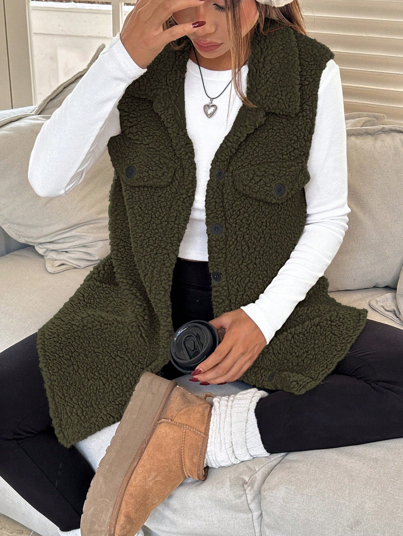SHEIN EZwear Flap Detail Teddy Vest Coat Simple Fashion Daily Casual Army Green