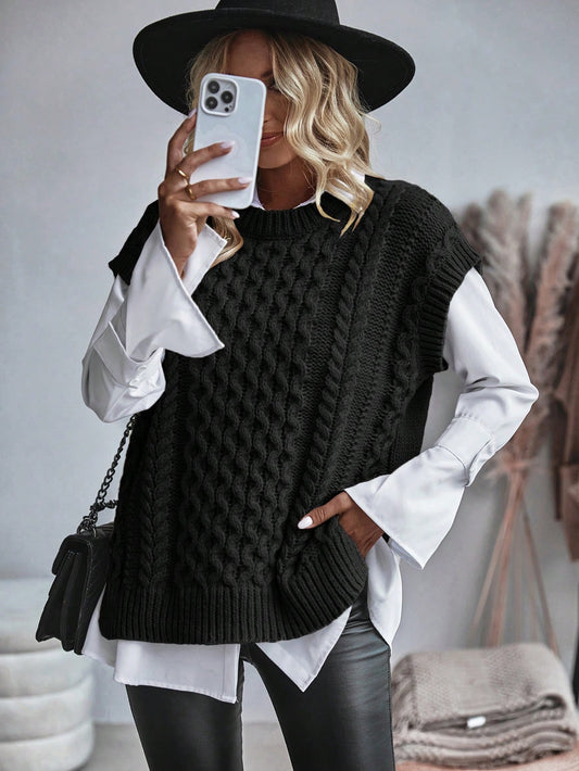 SHEIN LUNE Women's Cable Knitted Sleeveless Sweater Vest Black